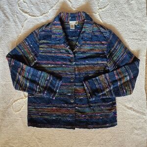 Vintage Coldwater Creek Jacket Blue Slub Knit Corduroy Multi Color Y2K Striped